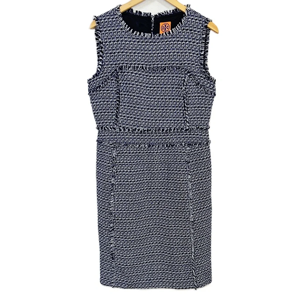 Tory Burch Petula Dress Blue Tweed Sheath Sleeveless Fringe Women’s Sz 12 NWOT‎